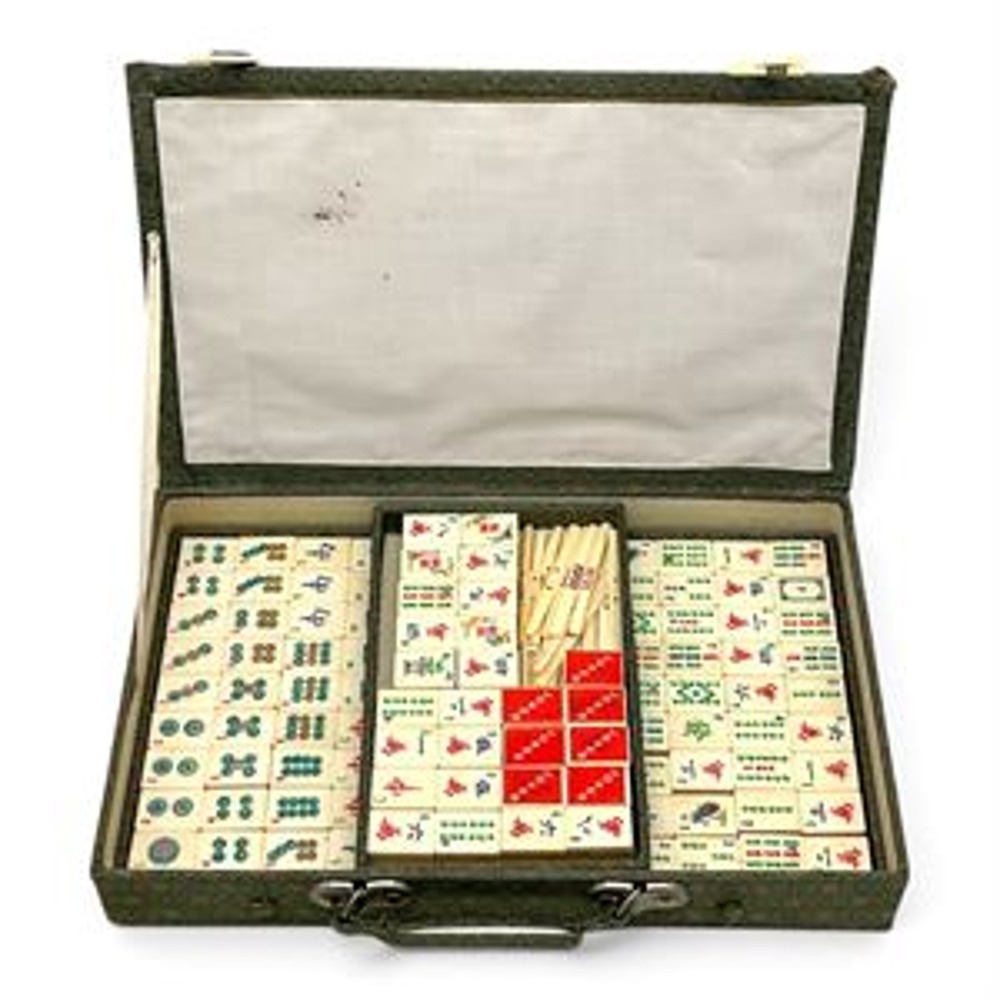Vintage Mahjong Set with Green Brocade Case Cream Tiles Joker Tiles and Sticks